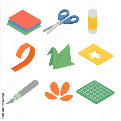 Paper Craft Icons. Isometric Flat icon set of Paper Craft Creations: colored paper sheets, scissors, glue stick, paper strip,
