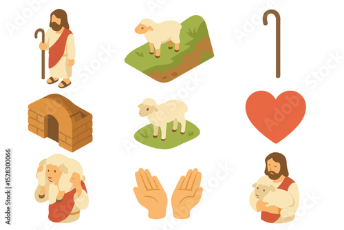 Parable Icon Set. Isometric Flat icon set of Parable of the Lost Sheep: shepherd, lost sheep, staff, sheepfold, hillside, lamb,