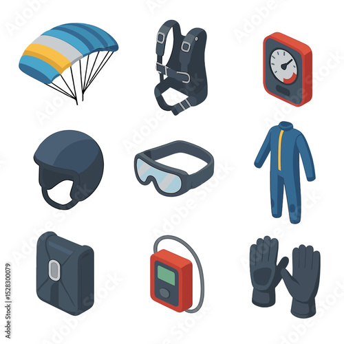 Parachuting Gear Icons. Isometric Flat icon set of Parachuting Equipment Essentials: parachute canopy, harness, altimeter, helmet,