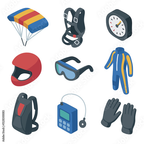 Parachuting Gear Icons. Isometric Flat icon set of Parachuting Equipment Essentials: parachute canopy, harness, altimeter, helmet,
