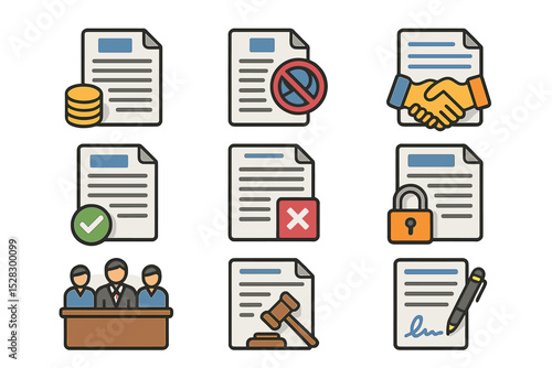 Partnership Agreement Icons. Isometric Flat icon set of partnership agreement components: term sheet, non-disclosure agreement,