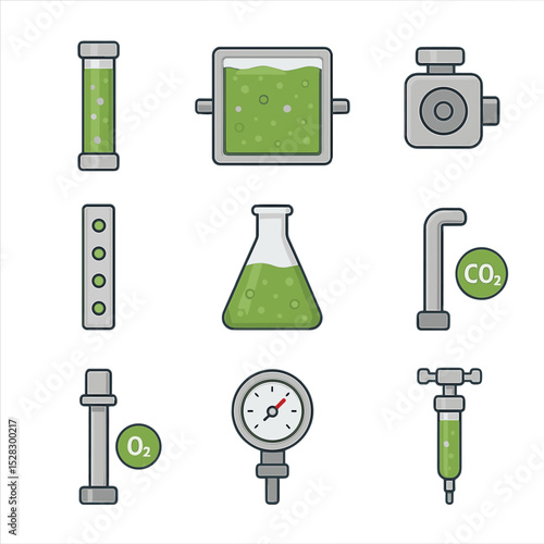 Photosynthetic Algae Icon Set. Isometric Flat icon set of photosynthetic algae panels: bioreactor tube, transparent panel,