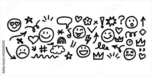 Hand Drawn Doodle Emojis Cute Icons Collection Black White Simple Design Elements Set for Social Media Decoration Graphic Design Project Illustration Background Pattern Wallpaper Texture sad art face 