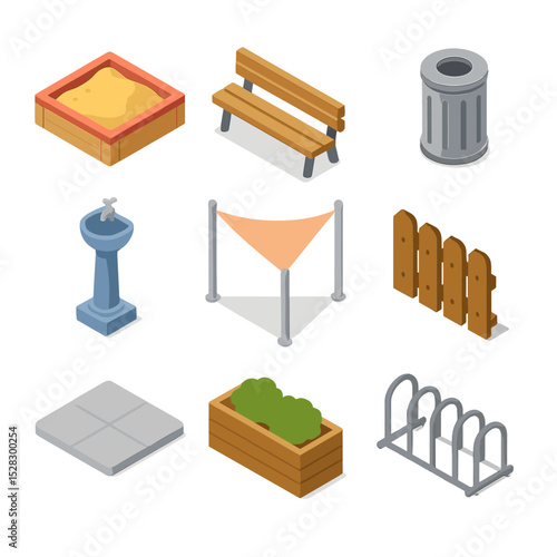 Playground Icon Set. Isometric Flat icon set of Playground Layout Elements: sandbox corner, bench seating, trash bin, water