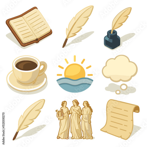 Poetry Icons at Dawn. Isometric Flat icon set of Poetry composition at dawn: lined journal, quill pen, ink pot, feather, coffee