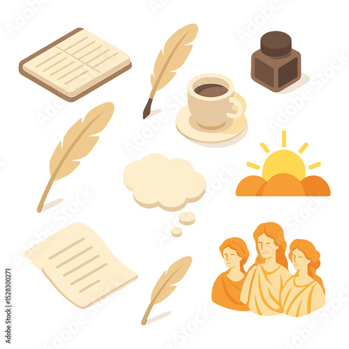 Poetry Icons at Dawn. Isometric Flat icon set of Poetry composition at dawn: lined journal, quill pen, ink pot, feather, coffee