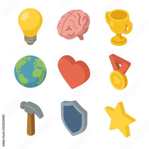 Psychographic Icons Grid. Isometric Flat icon set of Psychographic profiles: innovator lightbulb, thinker brain, achiever trophy,