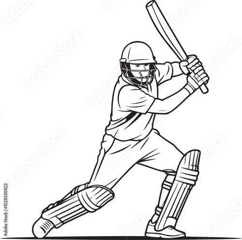 Cricket batsman in batting stance, line art illustration of a player ready to hit