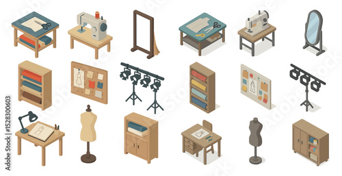 Seamstress studio isometric elements for fashion design and sewing projects
