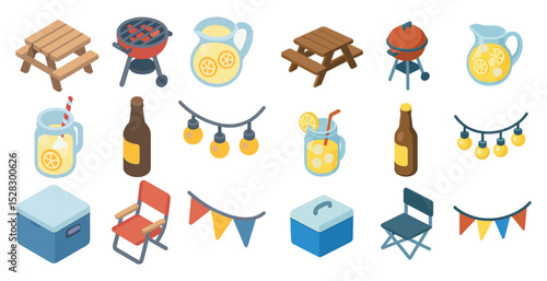 Summer picnic essentials with lemonade, bbq grill, and festive decorations