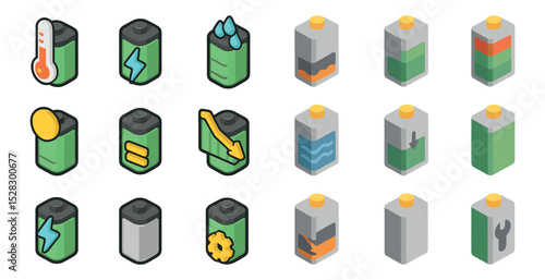 Collection of isometric battery icons depicting various energy states and functions
