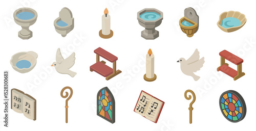 Religious ceremony icons with candles, doves, and sacred objects for church design