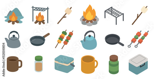 Outdoor camping equipment and campfire cooking essentials for wilderness adventures