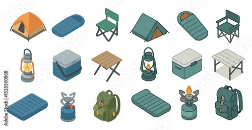 Isometric camping essentials: gear, tents, and outdoor equipment for adventure