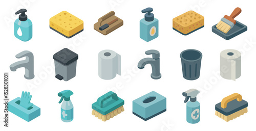 Essential cleaning supplies icons for hygiene and sanitation design projects