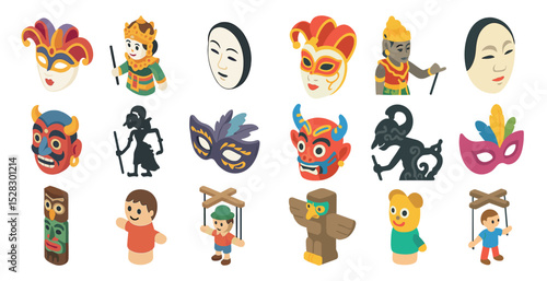 Colorful masks and puppets collection featuring cultural and fantasy themes