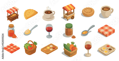 Isometric food and drink icons for culinary design projects