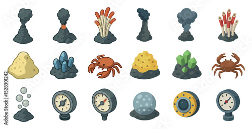 Underwater exploration icons: crabs, corals, and minerals for design