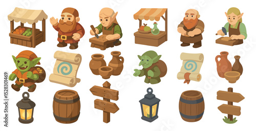 Fantasy market objects and characters for game design or illustration projects