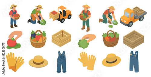 Farming and gardening equipment with farmers harvesting vegetables