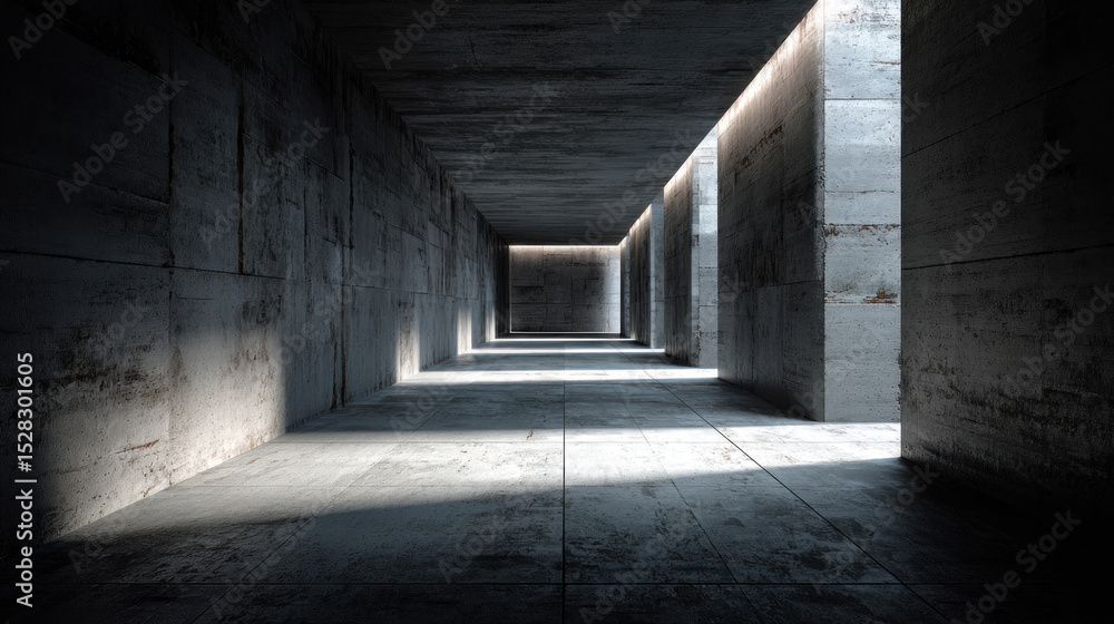 Minimalistic industrial room with hard concrete walls, textured floor, linear hallway illuminated by ceiling strips, abstract light and shadow play, raw space Minimalistic industrial room with hard concrete walls, textured floor, linear hallway illuminated by ceiling strips, abstract light and shadow play, raw space