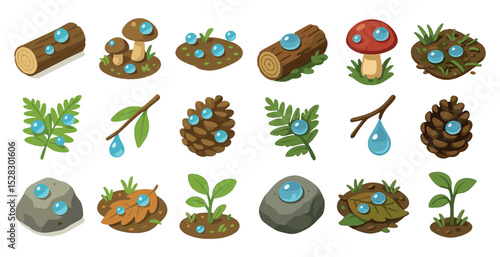Nature elements with water droplets - logs, mushrooms, leaves, and rocks
