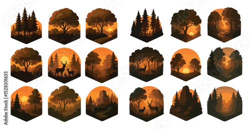 Sunset forest silhouettes with deer and trees for nature design projects