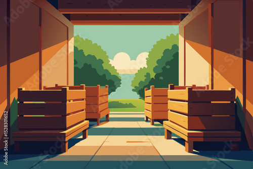 wooden crates, cargo containers, warehouse interior, loading dock, vector illustration