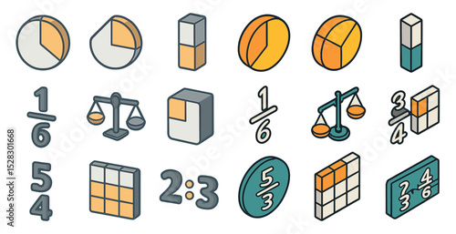 Educational fractions and ratios icon set for math learning and teaching