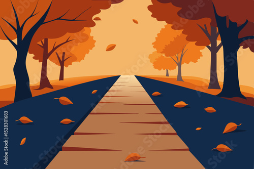 Autumn road, vector illustration, fall leaves, orange landscape, scenic pathway