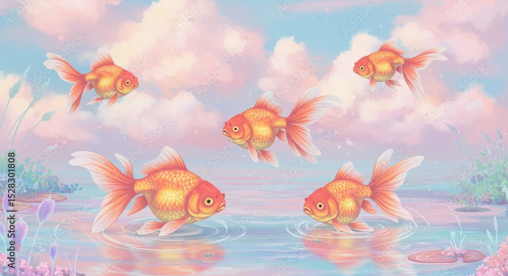 Naklejka premium Serene Goldfish in Pastel Paradise - Four goldfish swim gracefully in a serene pastel pond, symbolizing peace, tranquility, harmony, joy, and freedom. Soft clouds drift above
