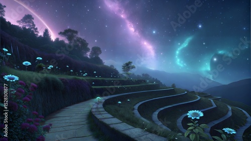 Cosmic Garden - Bioluminescent Plants in Space Nebula