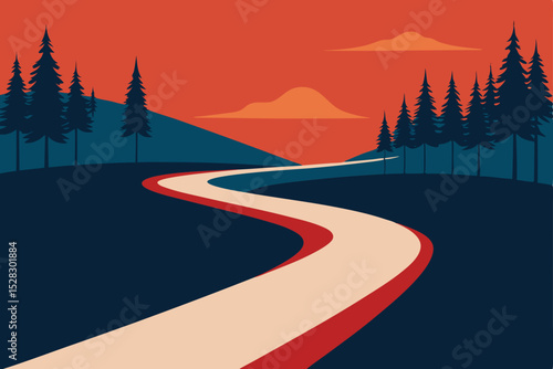 Winding road, sunset landscape, vector illustration, scenic route, orange sky