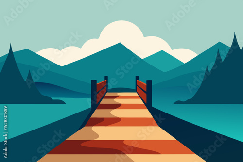 Wooden dock, mountain lake, scenic landscape, vector illustration