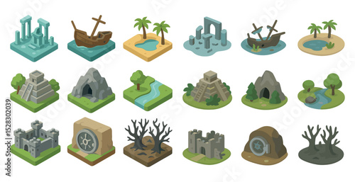 Isometric adventure icons of ancient ruins and natural landscapes