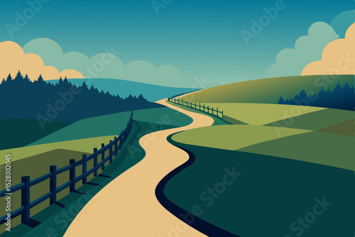 winding road, green hills, fence, landscape, vector illustration