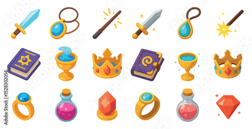 Fantasy game icons collection featuring swords, crowns, and magic items