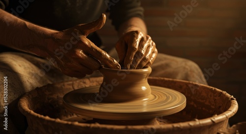 Hands shaping clay on pottery wheel