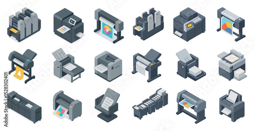 Set of printer and copier icons for office design and technology projects