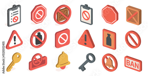 Collection of isometric prohibition and warning signs for safety design