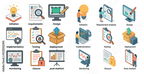Project lifecycle stages and management process icons for workflow design