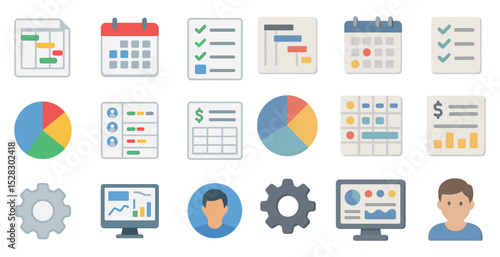 Business and project management icons for planning and analysis