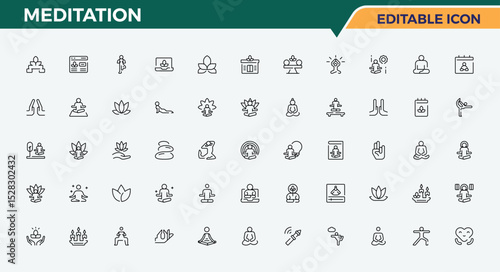 Meditation vector icon set. Yoga icon set. Includes symbols for therapy, relax, relaxation, meditate, care, balance, peace and more. Pixel perfect. Vector illustration.