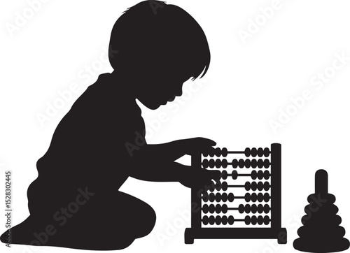 Child playing with abacus and stacking toy, education toy silhouette