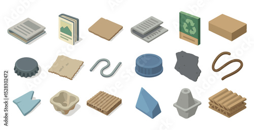 Isometric icons of recycling materials and eco friendly waste management