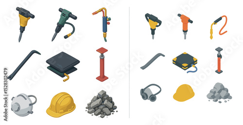 Construction tools and safety gear icons for design projects