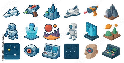 Futuristic technology icons set with robots and space elements for digital design
