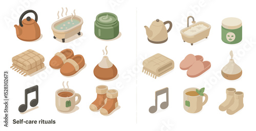 Cozy self-care rituals featuring relaxing bath and herbal tea items