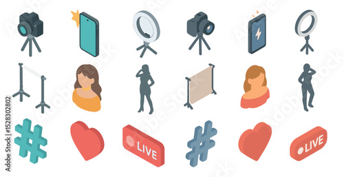Social media content creation tools and icons for online engagement and live streaming