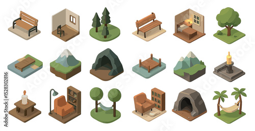 Isometric nature and home elements for design projects